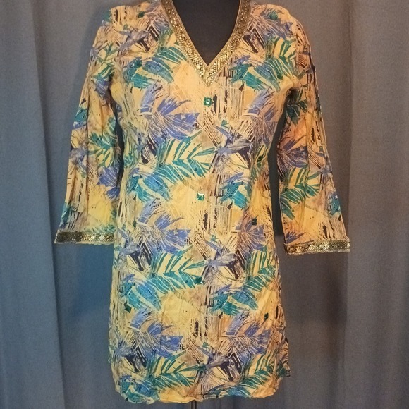 Tops - Gold & Gem Embellished Tunic Top Floral Print Indian Bohemian Style‎ Cover Up M